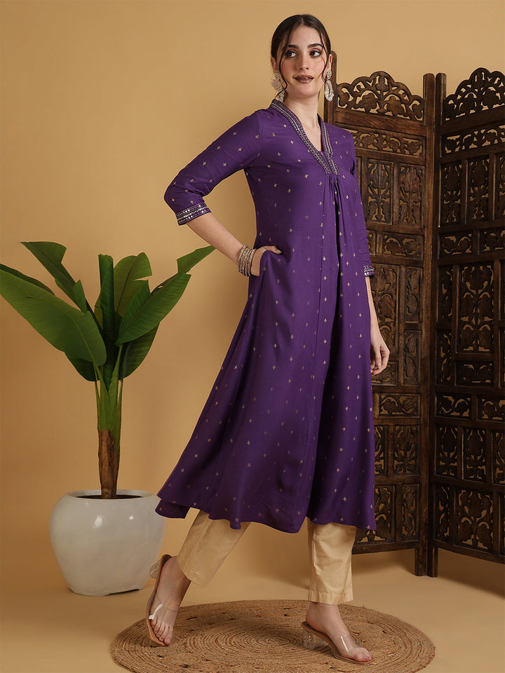Rayon Calf Length Solid Semi-Flared 3/4 Sleeves V-Neck Kurta