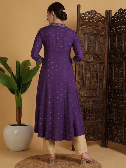 Rayon Calf Length Solid Semi-Flared 3/4 Sleeves V-Neck Kurta