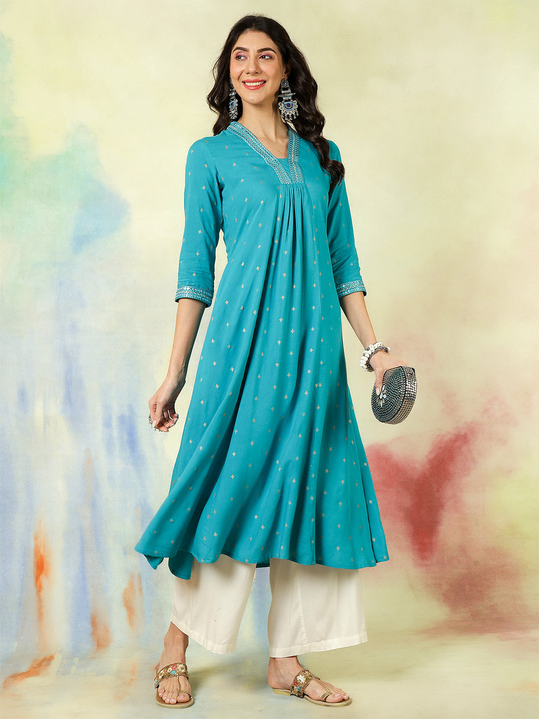 Rayon Calf Length Solid Semi-Flared 3/4 Sleeves V-Neck Kurta