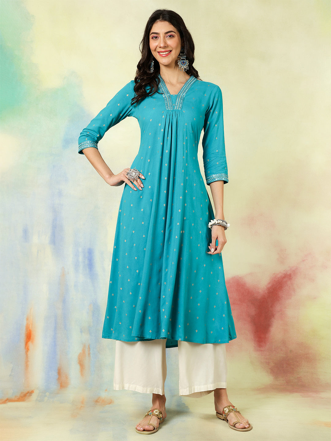 Rayon Calf Length Solid Semi-Flared 3/4 Sleeves V-Neck Kurta