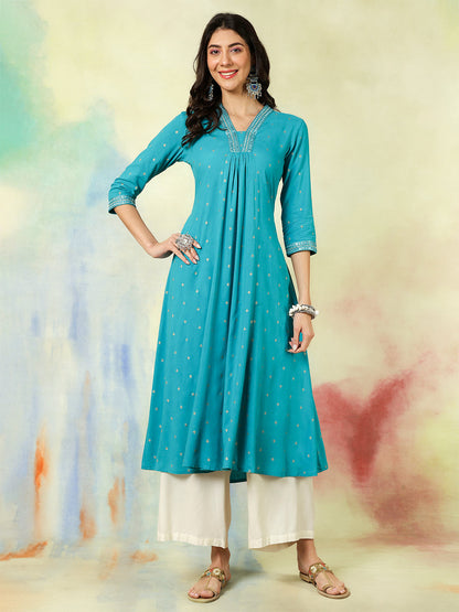 Rayon Calf Length Solid Semi-Flared 3/4 Sleeves V-Neck Kurta