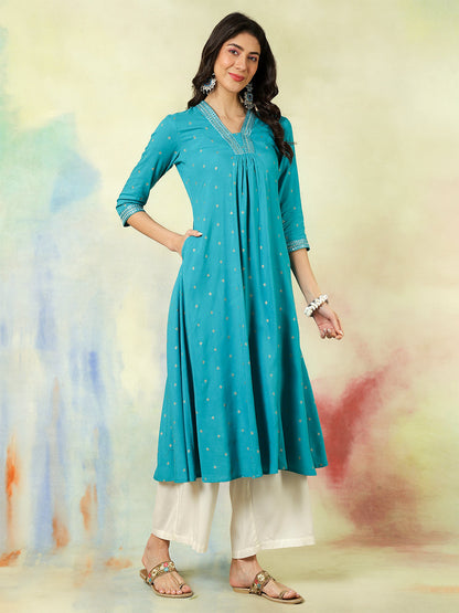 Rayon Calf Length Solid Semi-Flared 3/4 Sleeves V-Neck Kurta