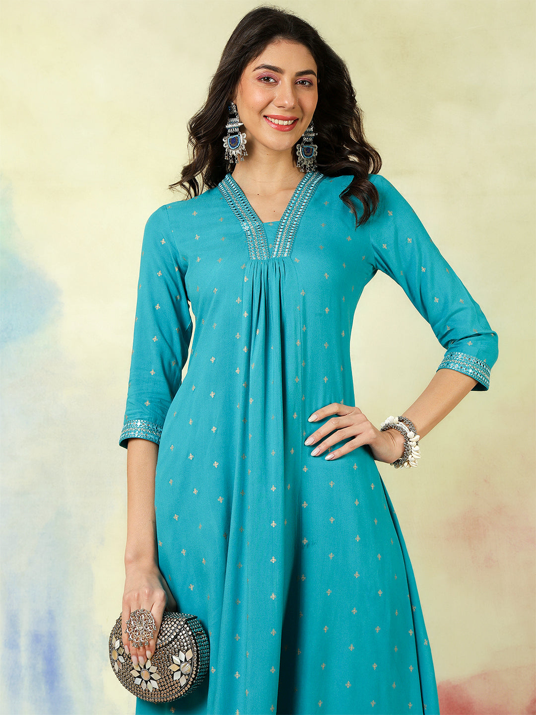 Rayon Calf Length Solid Semi-Flared 3/4 Sleeves V-Neck Kurta
