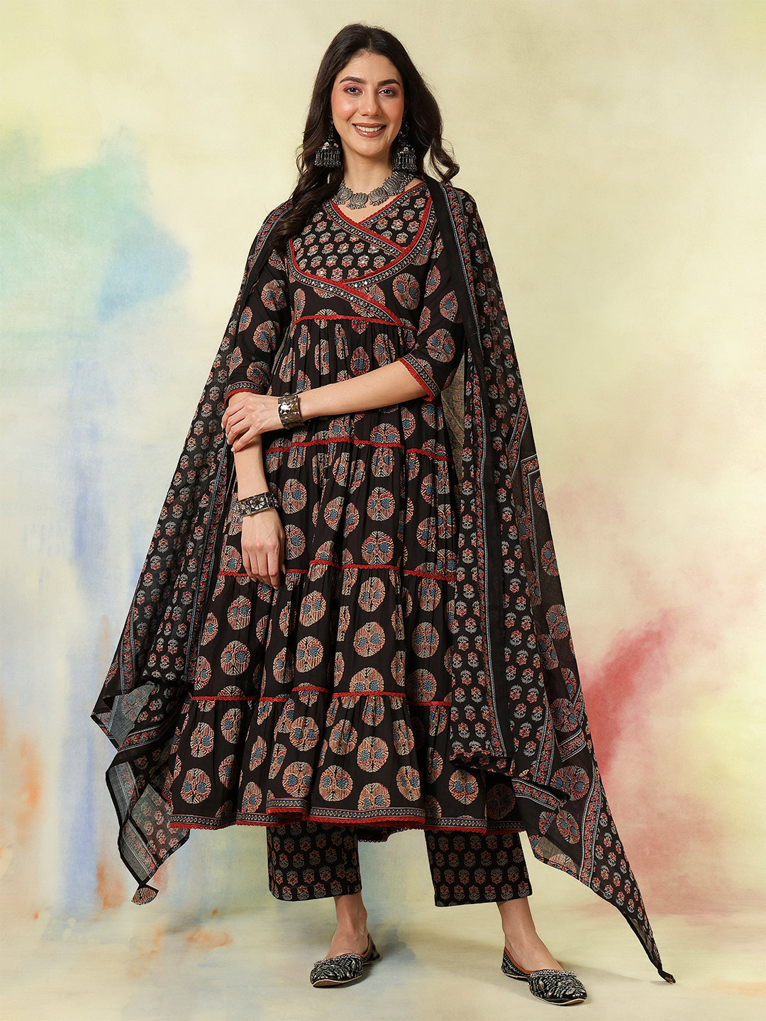 Cotton Calf Length Printed Flared 3/4 Sleeves V-Neck Kurta Suit Set