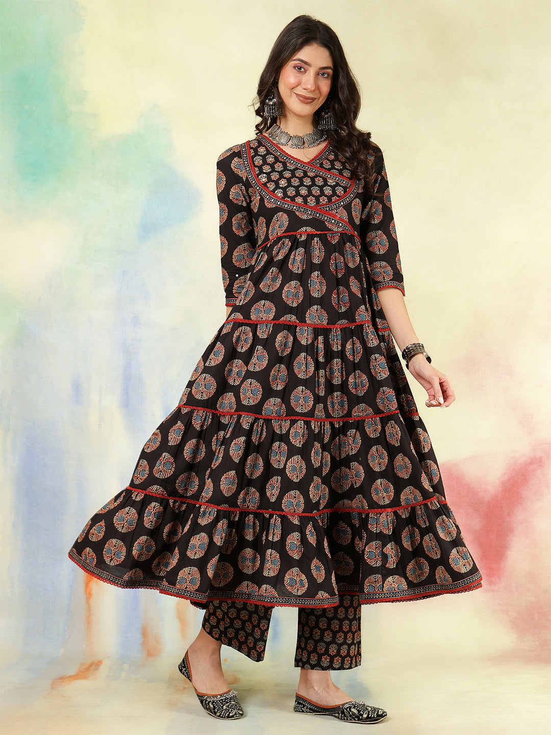 Cotton Calf Length Printed Flared 3/4 Sleeves V-Neck Kurta Suit Set