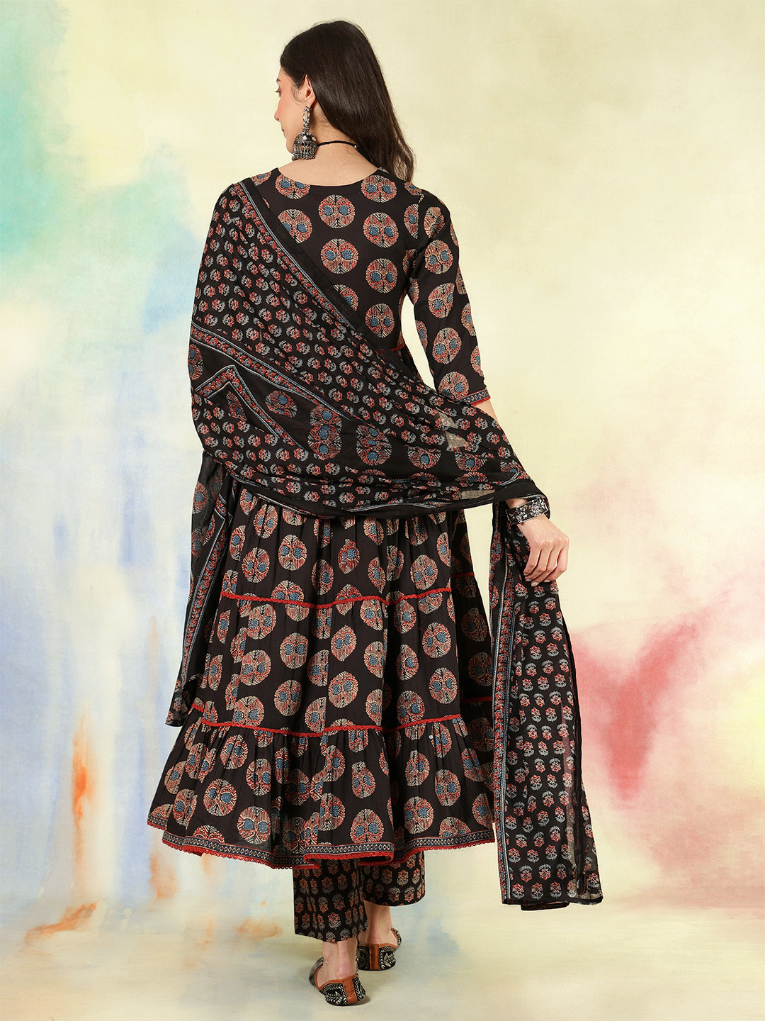 Cotton Calf Length Printed Flared 3/4 Sleeves V-Neck Kurta Suit Set