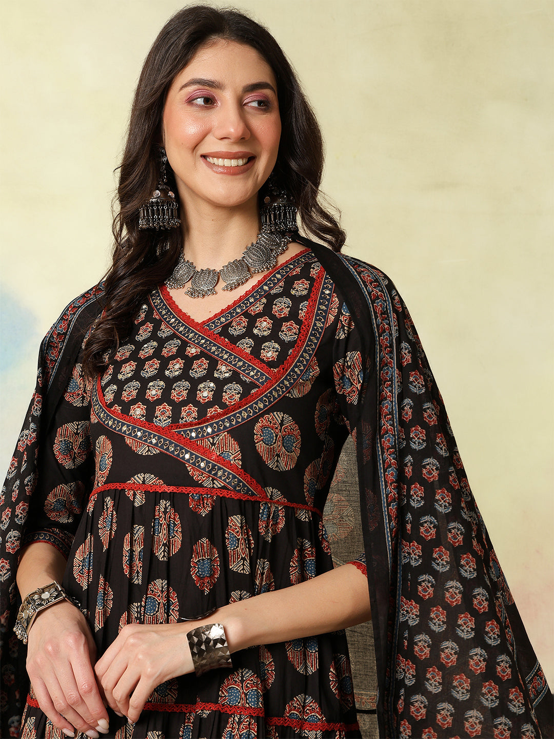 Cotton Calf Length Printed Flared 3/4 Sleeves V-Neck Kurta Suit Set