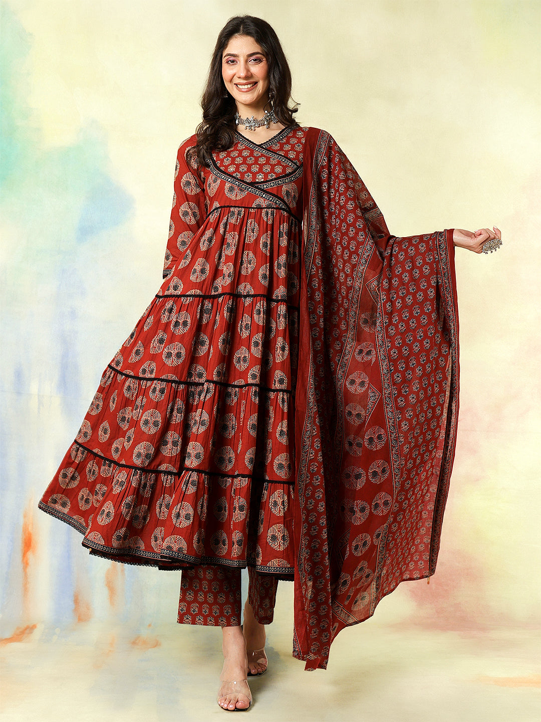 Cotton Calf Length Printed Flared 3/4 Sleeves V-Neck Kurta Suit Set