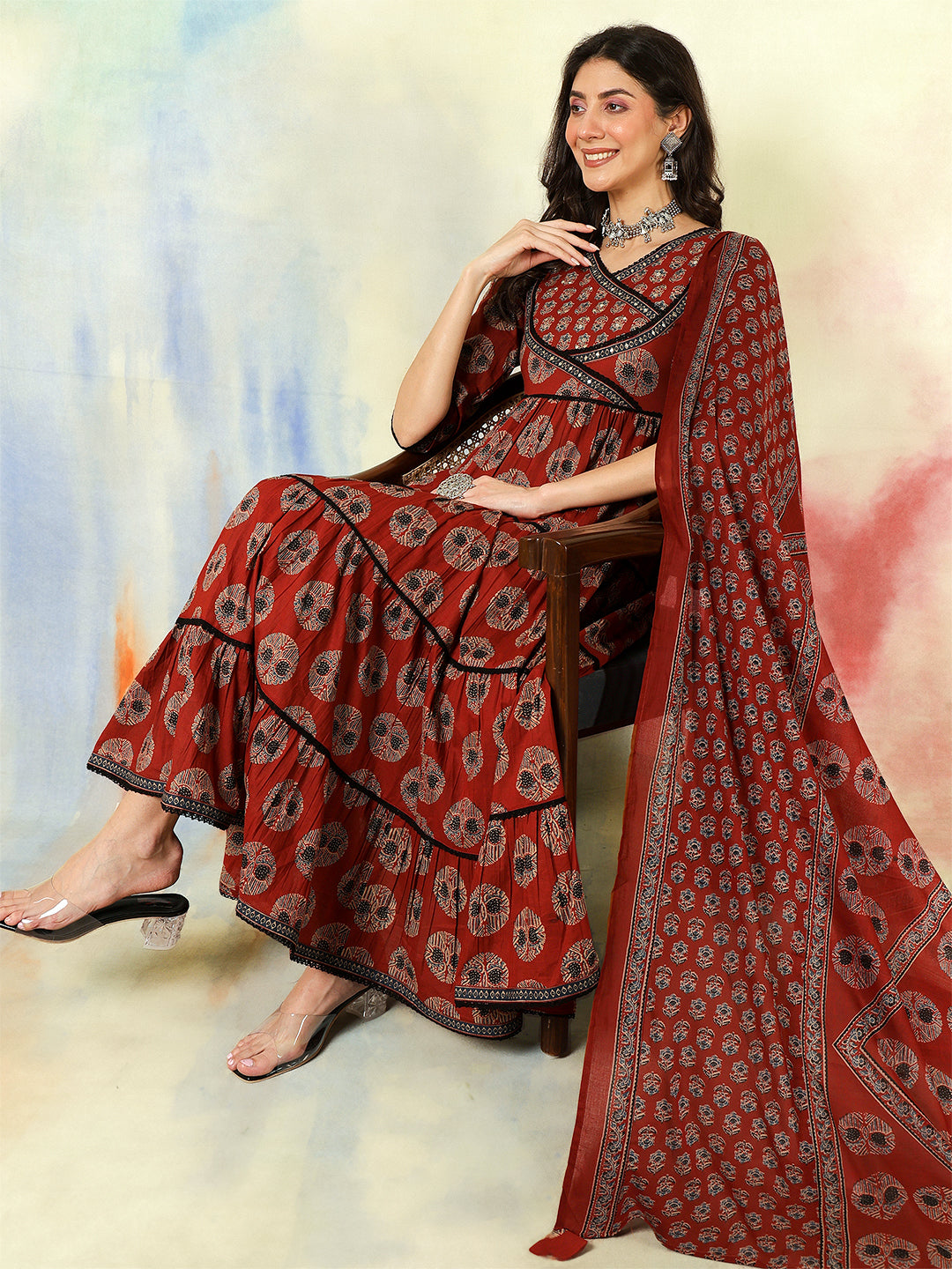 Cotton Calf Length Printed Flared 3/4 Sleeves V-Neck Kurta Suit Set