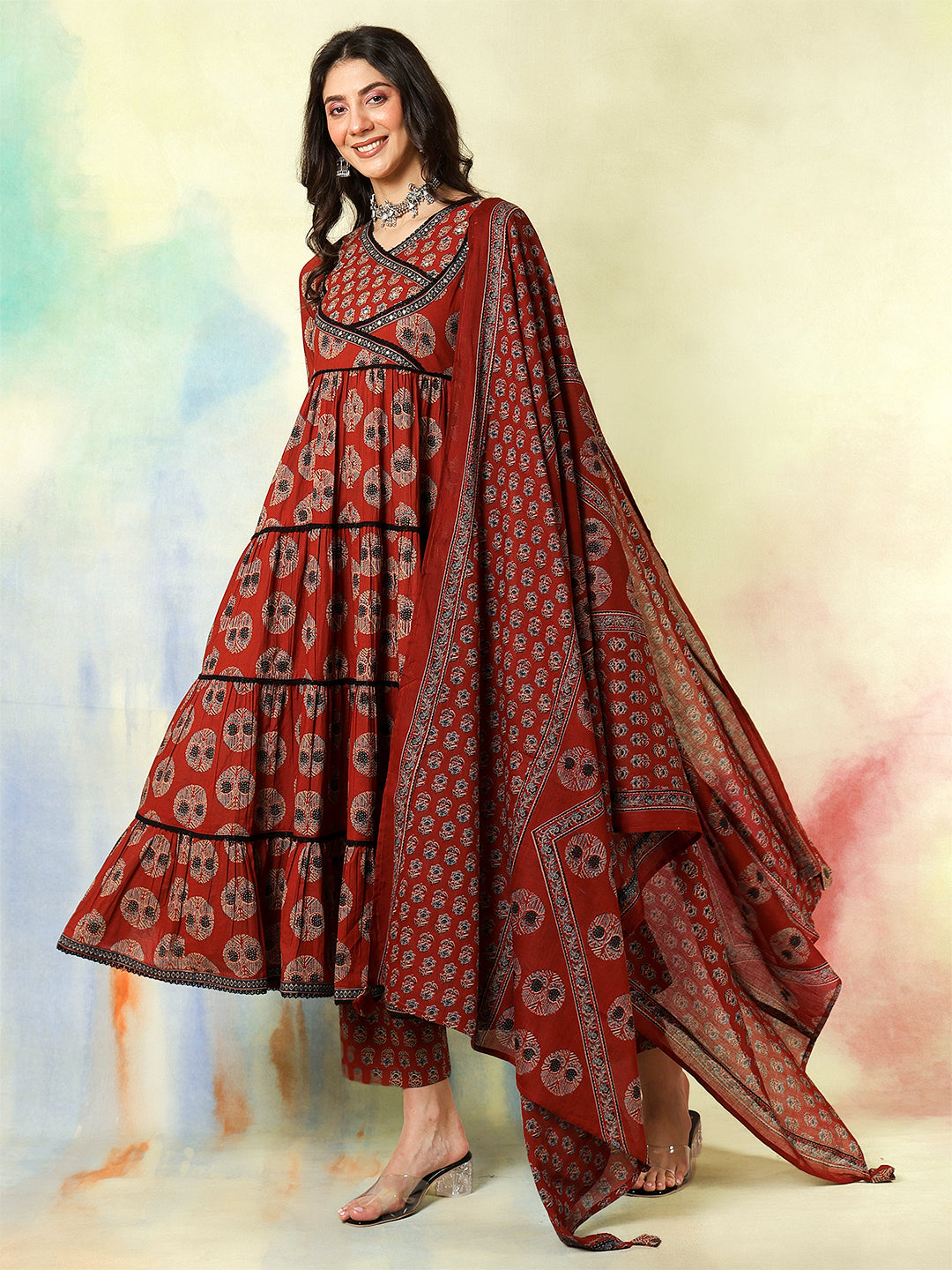 Cotton Calf Length Printed Flared 3/4 Sleeves V-Neck Kurta Suit Set