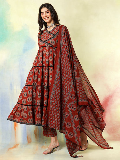 Cotton Calf Length Printed Flared 3/4 Sleeves V-Neck Kurta Suit Set