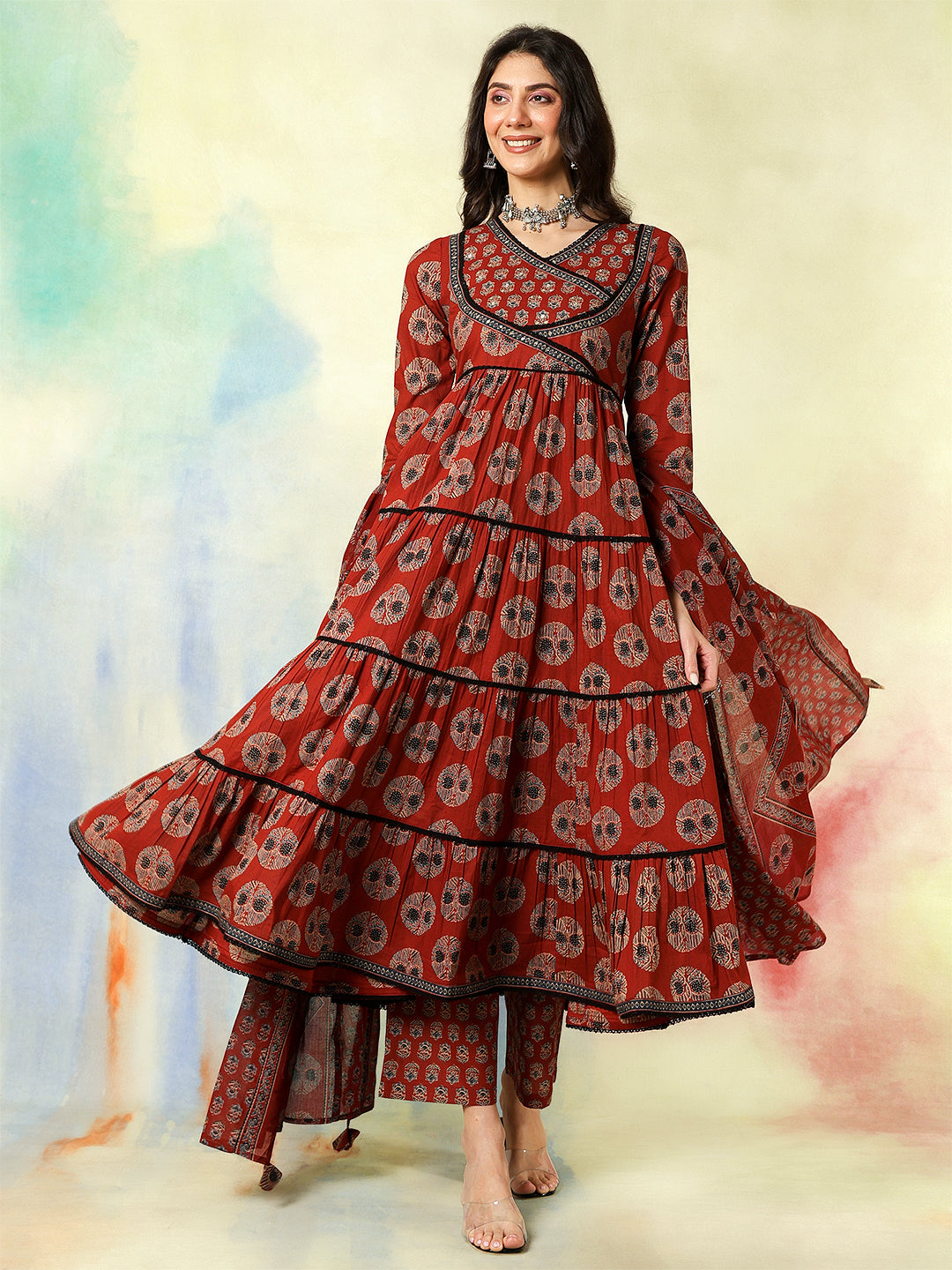 Cotton Calf Length Printed Flared 3/4 Sleeves V-Neck Kurta Suit Set