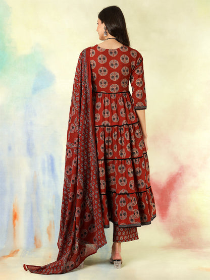 Cotton Calf Length Printed Flared 3/4 Sleeves V-Neck Kurta Suit Set