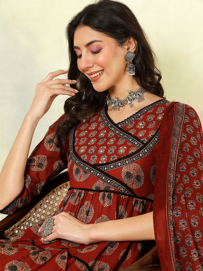 Cotton Calf Length Printed Flared 3/4 Sleeves V-Neck Kurta Suit Set