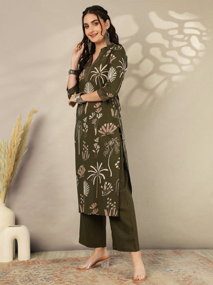 Rayon Calf Length Printed Straight 3/4 Sleeves Mandarin Neck Kurta Bottom Set