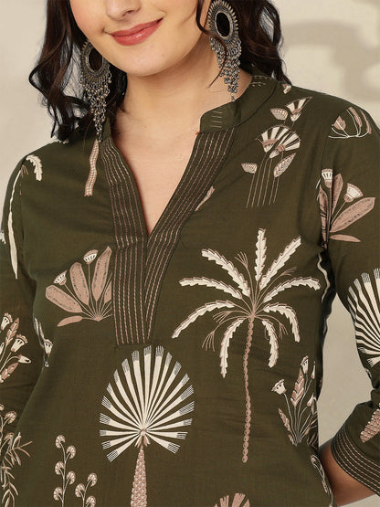 Rayon Calf Length Printed Straight 3/4 Sleeves Mandarin Neck Kurta Bottom Set