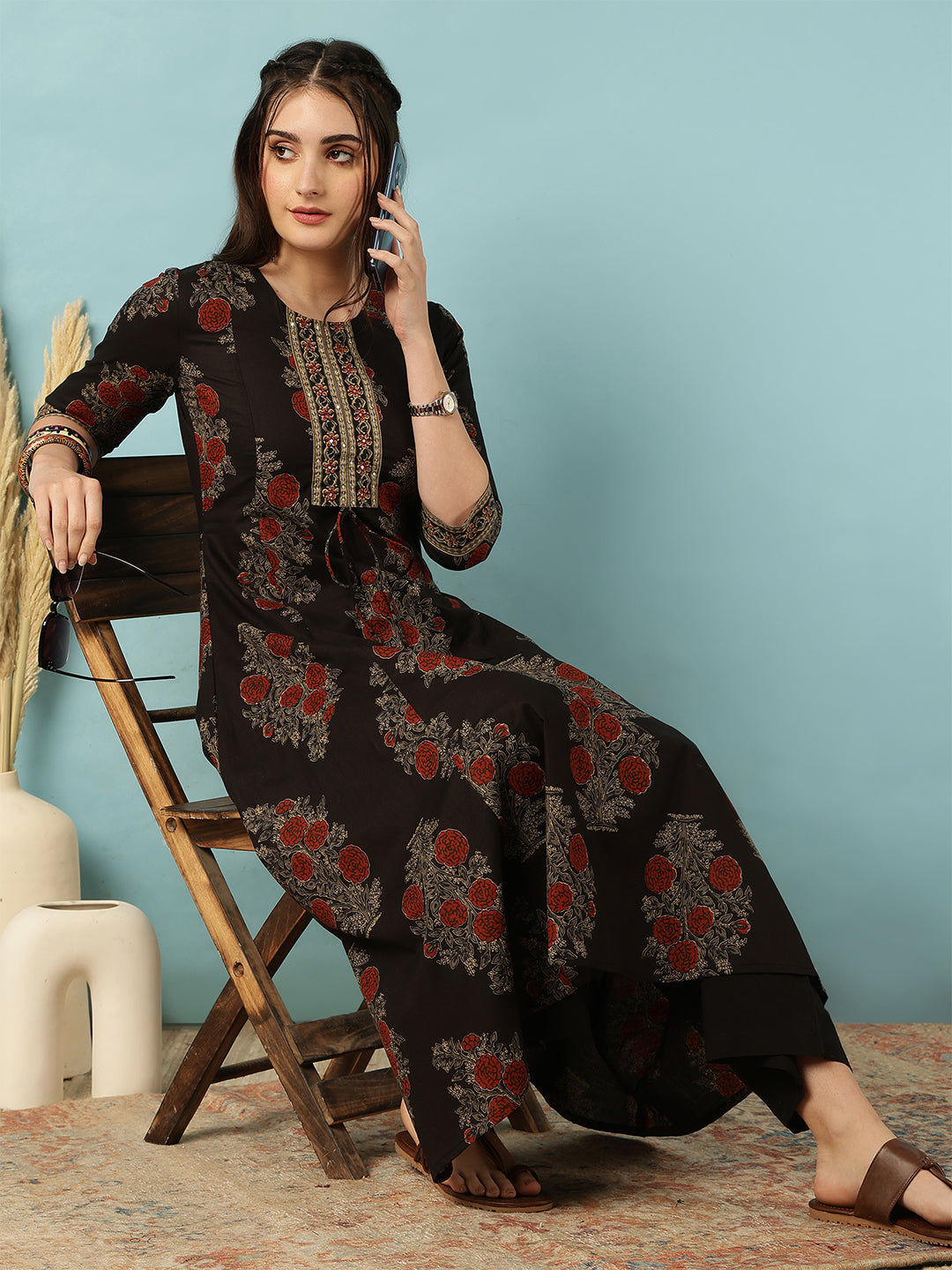 Cotton Calf Length Printed Semi-Flared 3/4 Sleeves Round Neck Kurta Bottom Set