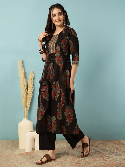 Cotton Calf Length Printed Semi-Flared 3/4 Sleeves Round Neck Kurta Bottom Set