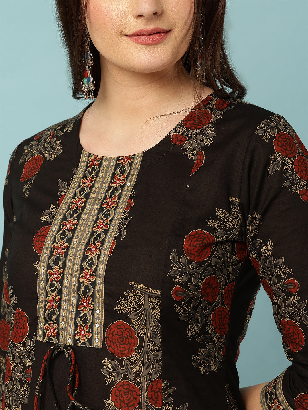Cotton Calf Length Printed Semi-Flared 3/4 Sleeves Round Neck Kurta Bottom Set