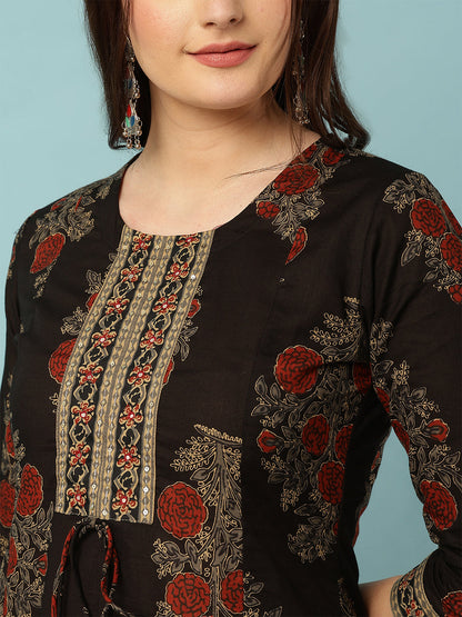 Cotton Calf Length Printed Semi-Flared 3/4 Sleeves Round Neck Kurta Bottom Set