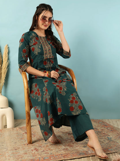 Cotton Calf Length Printed Semi-Flared 3/4 Sleeves Round Neck Kurta Bottom Set