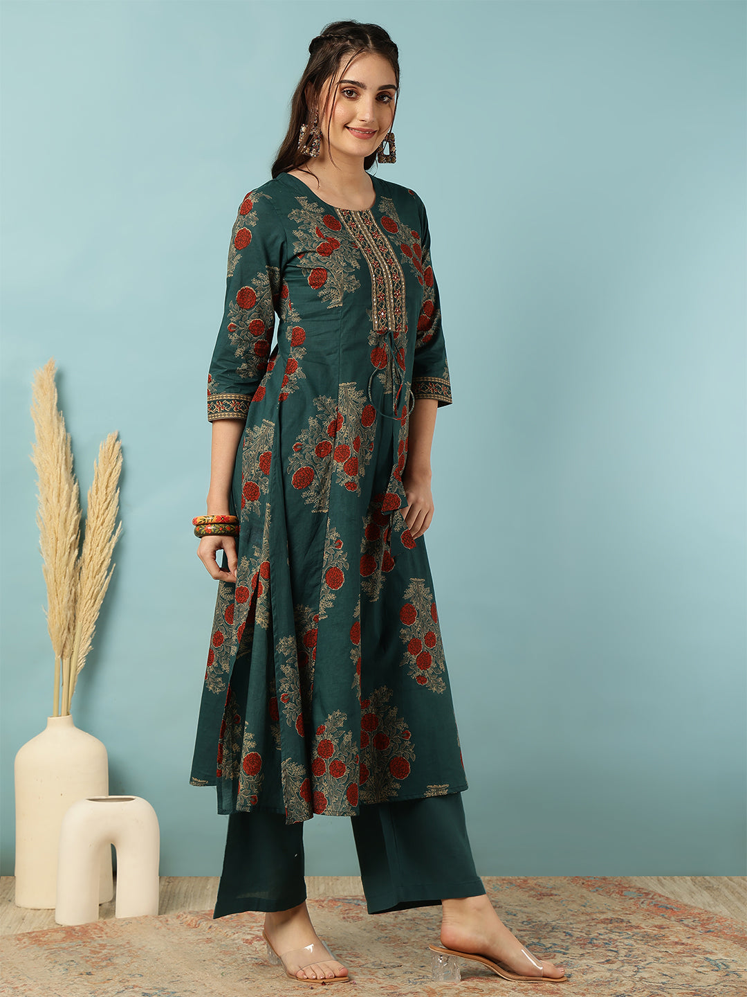 Cotton Calf Length Printed Semi-Flared 3/4 Sleeves Round Neck Kurta Bottom Set