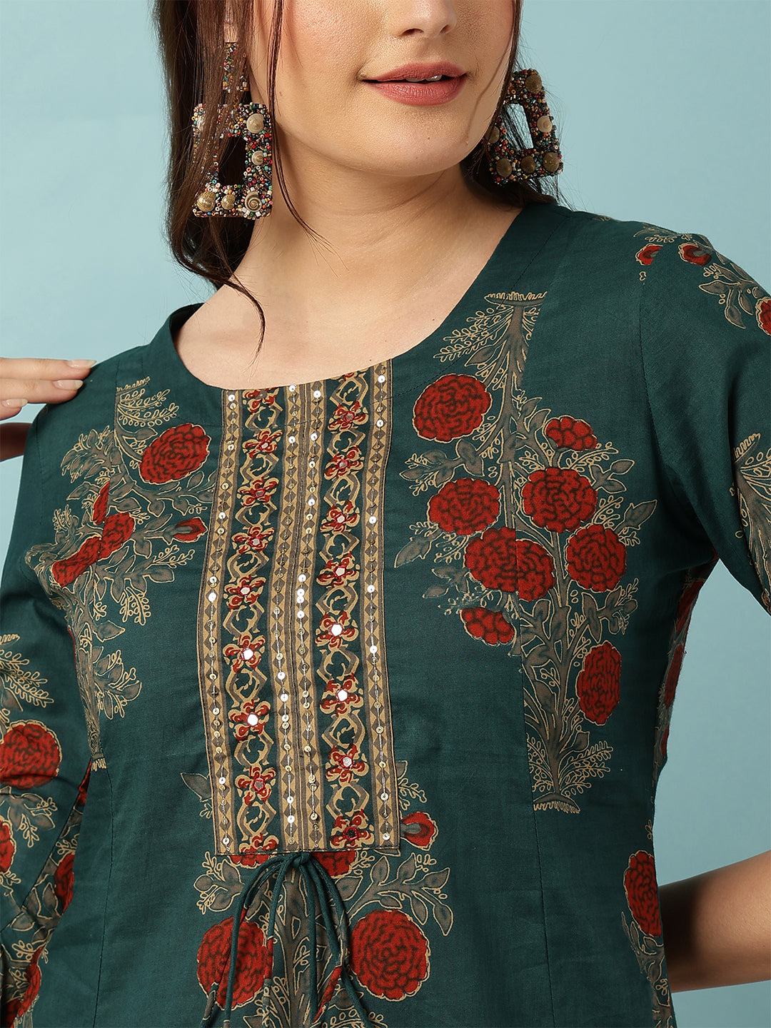 Cotton Calf Length Printed Semi-Flared 3/4 Sleeves Round Neck Kurta Bottom Set
