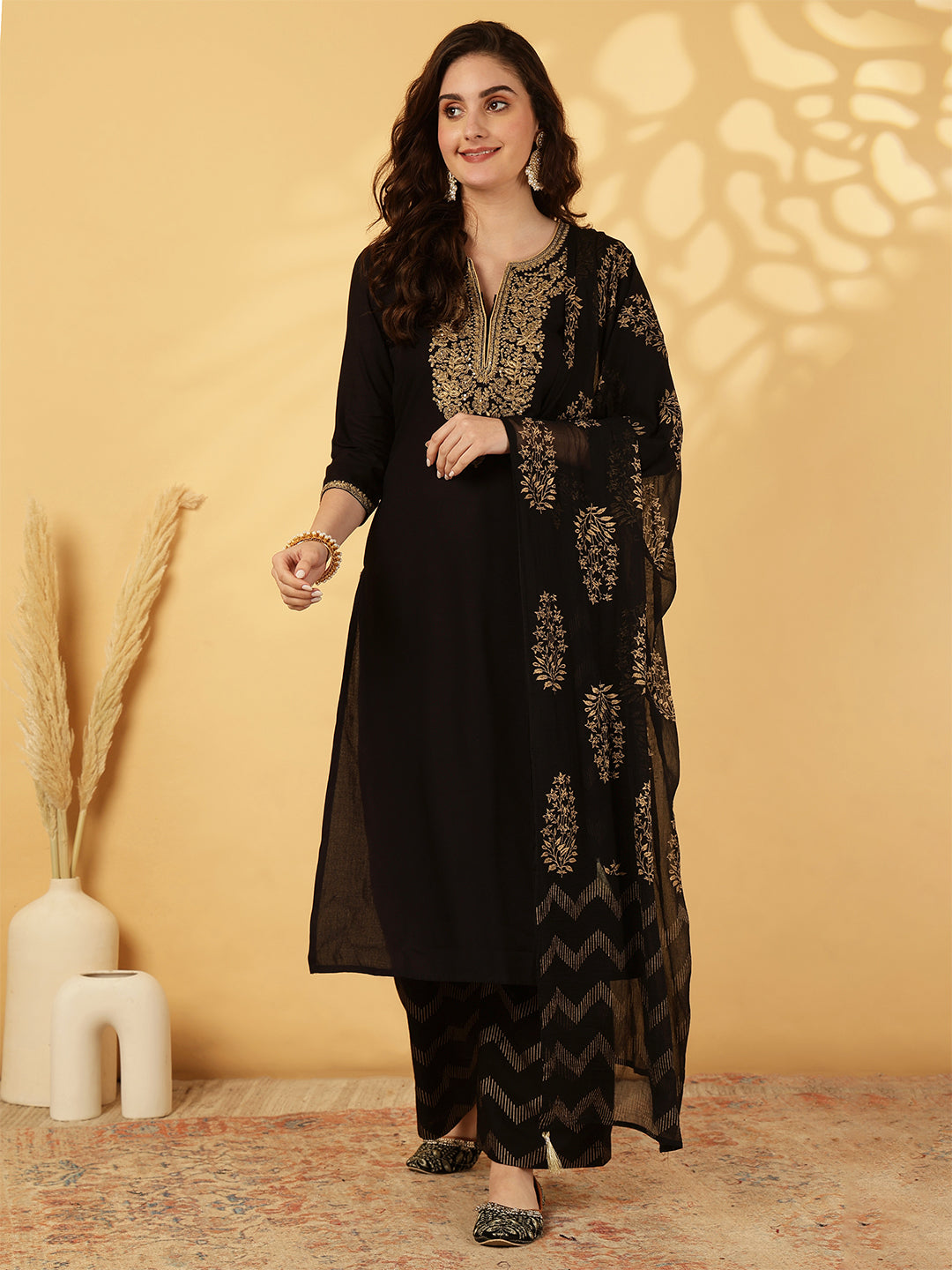 Rayon Calf Length Solid Straight 3/4 Sleeves Round Neck Kurta Bottom Dupatta Set