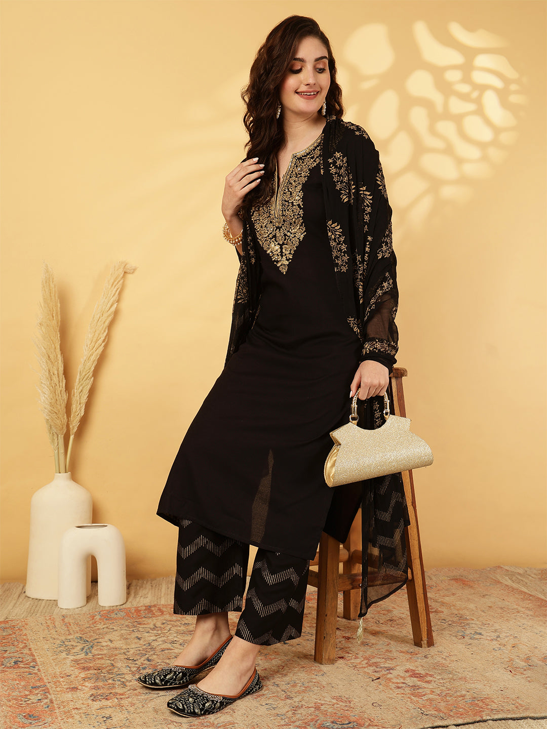 Rayon Calf Length Solid Straight 3/4 Sleeves Round Neck Kurta Bottom Dupatta Set