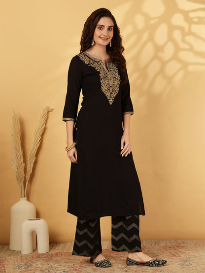 Rayon Calf Length Solid Straight 3/4 Sleeves Round Neck Kurta Bottom Dupatta Set