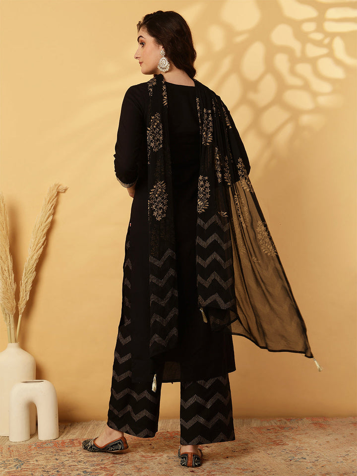 Rayon Calf Length Solid Straight 3/4 Sleeves Round Neck Kurta Bottom Dupatta Set