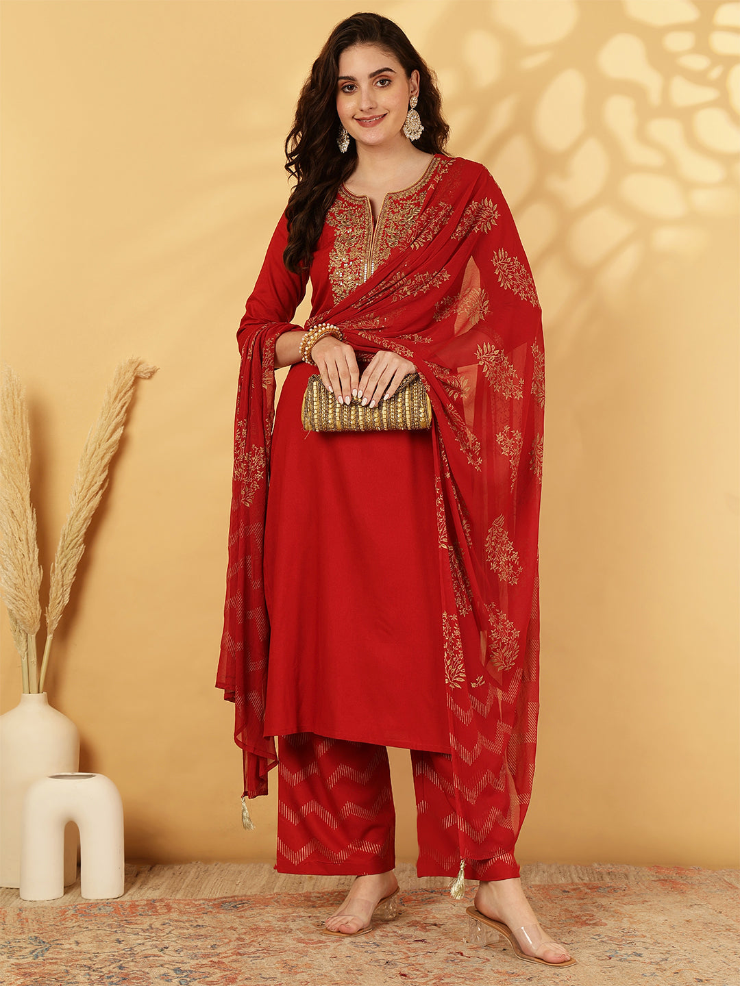 Rayon Calf Length Solid Straight 3/4 Sleeves Round Neck Kurta Bottom Dupatta Set