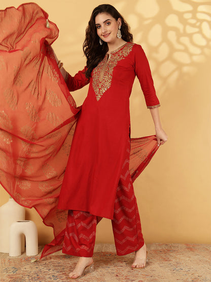 Rayon Calf Length Solid Straight 3/4 Sleeves Round Neck Kurta Bottom Dupatta Set