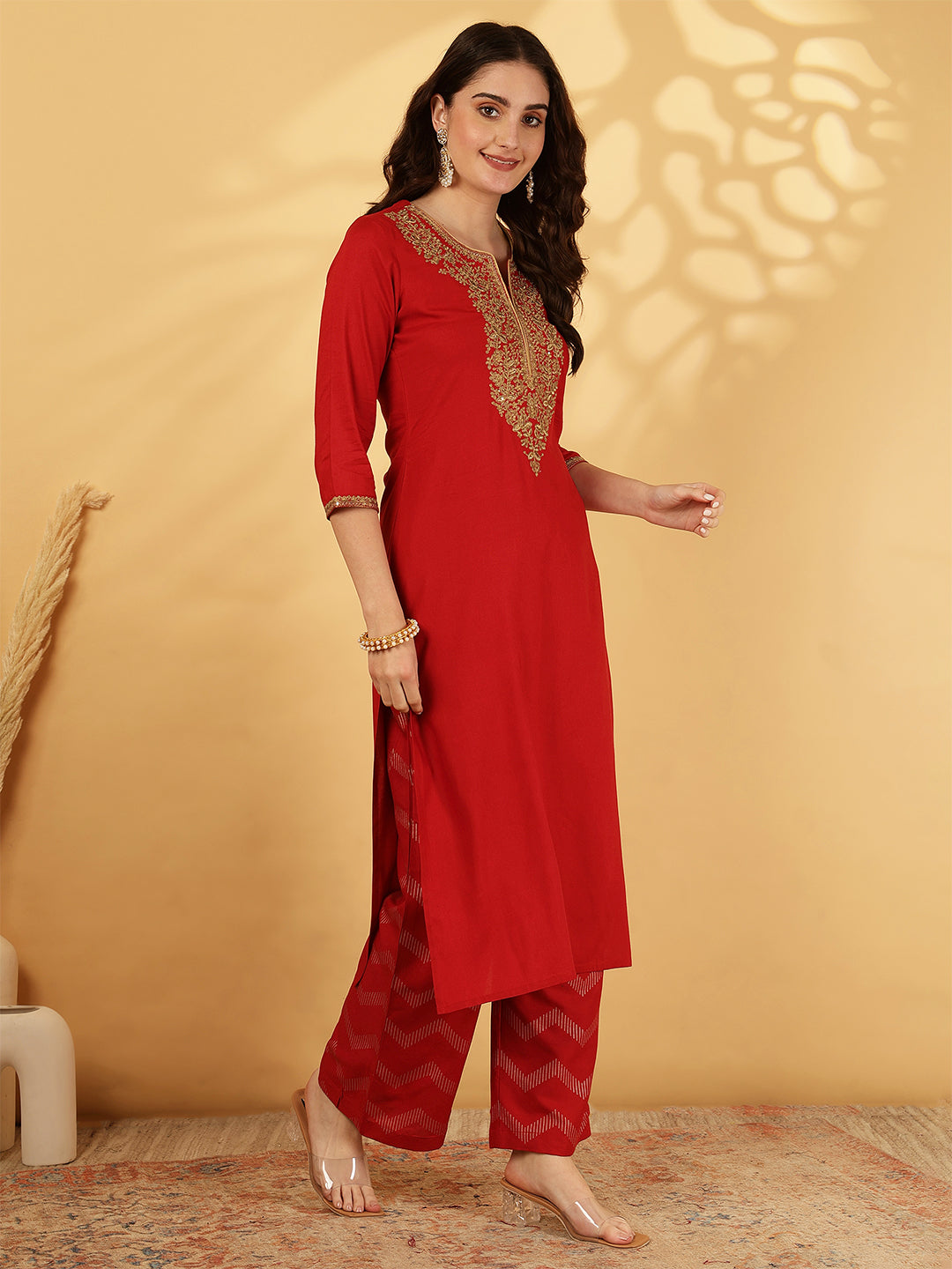 Rayon Calf Length Solid Straight 3/4 Sleeves Round Neck Kurta Bottom Dupatta Set