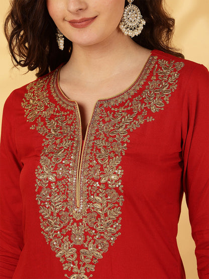 Rayon Calf Length Solid Straight 3/4 Sleeves Round Neck Kurta Bottom Dupatta Set