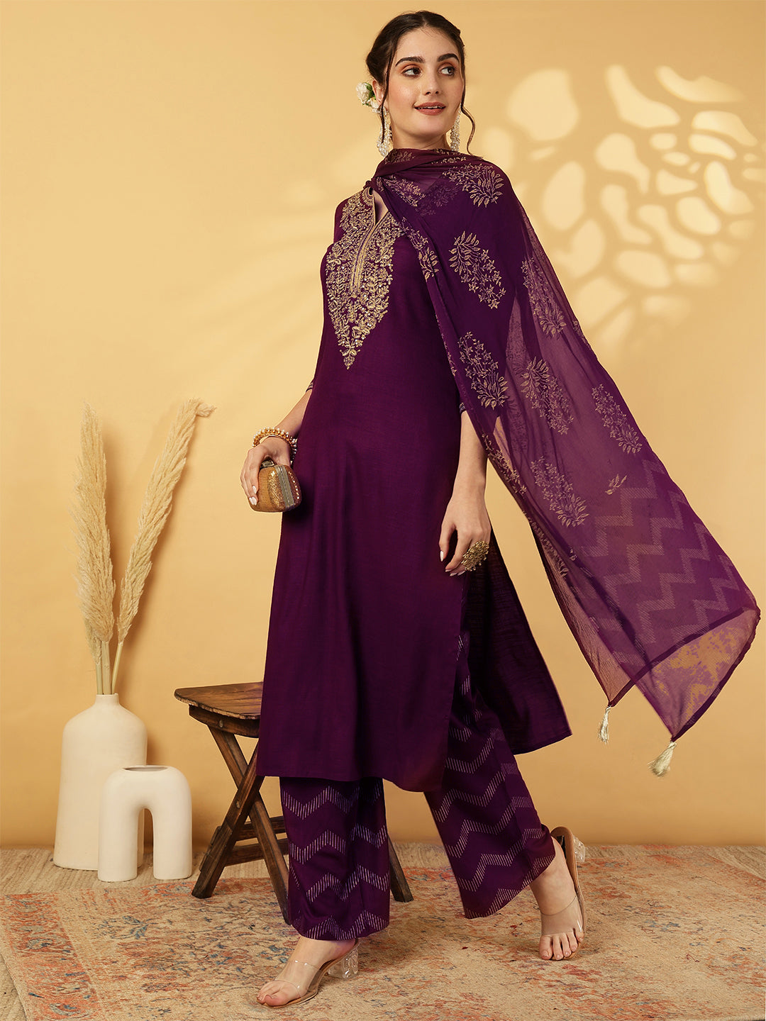 Rayon Calf Length Solid Straight 3/4 Sleeves Round Neck Kurta Bottom Dupatta Set