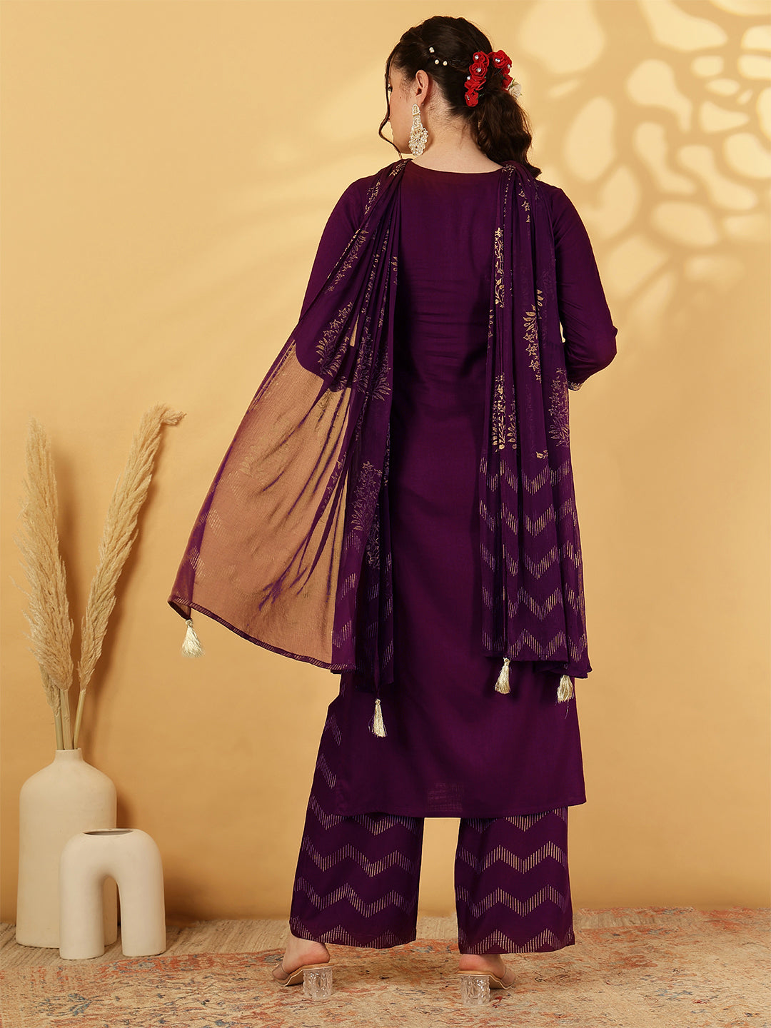 Rayon Calf Length Solid Straight 3/4 Sleeves Round Neck Kurta Bottom Dupatta Set