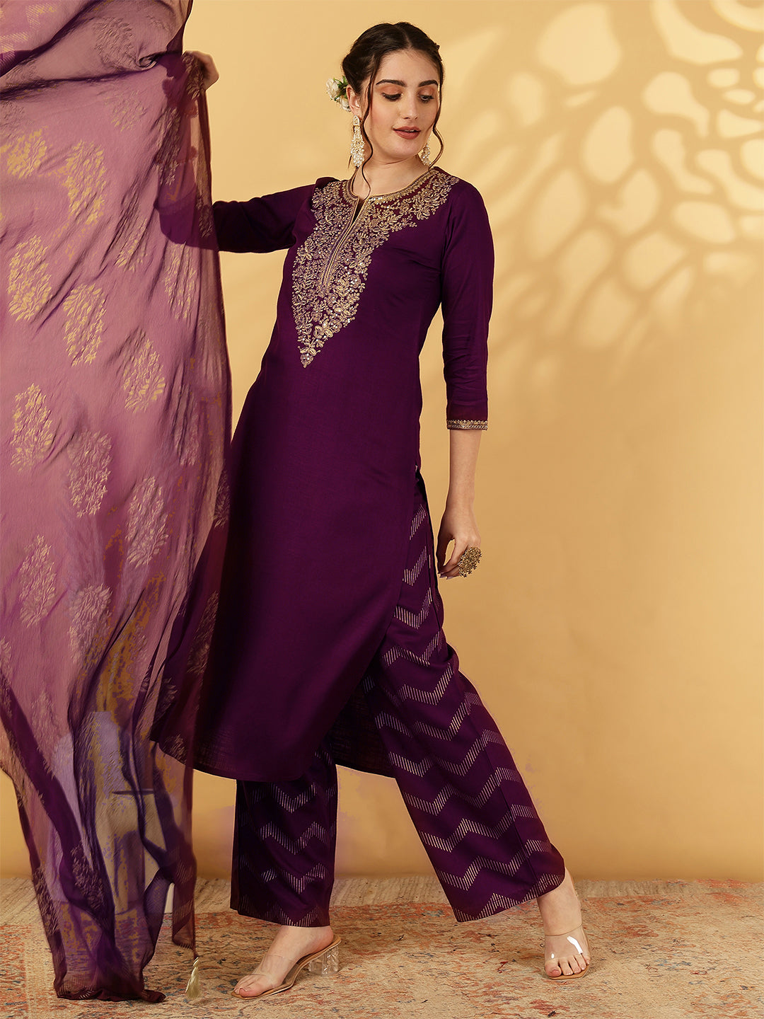 Rayon Calf Length Solid Straight 3/4 Sleeves Round Neck Kurta Bottom Dupatta Set