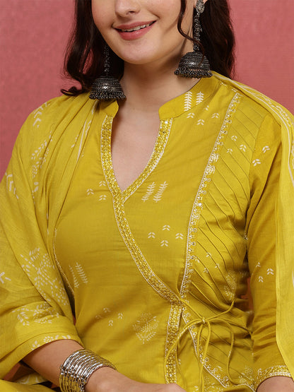 Rayon Calf Length Printed Straight 3/4 Sleeves V-Neck Kurta Bottom Dupatta Set