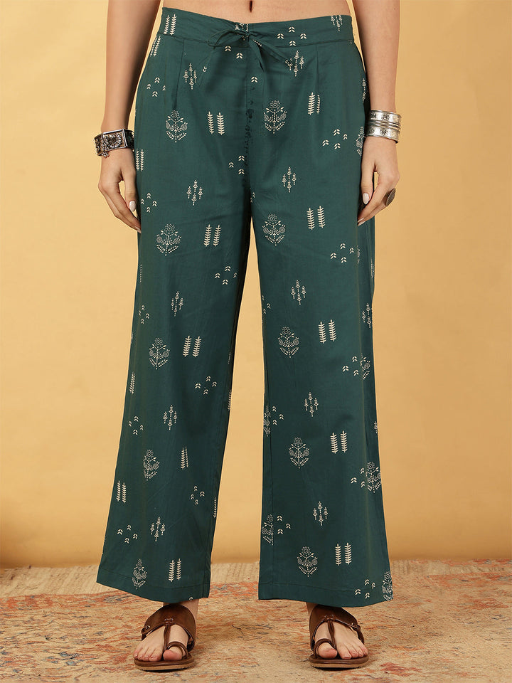 Cotton Calf Length Printed Straight 3/4 Sleeves V-Neck Kurta Bottom Dupatta Set
