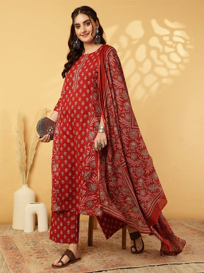 Cotton Calf Length Printed Straight 3/4 Sleeves Round Neck Kurta Bottom Dupatta Set