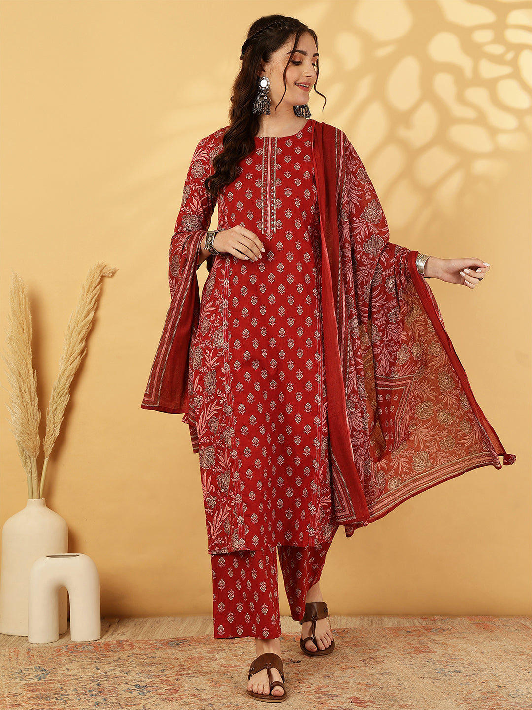 Cotton Calf Length Printed Straight 3/4 Sleeves Round Neck Kurta Bottom Dupatta Set