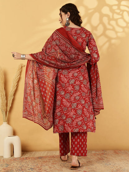 Cotton Calf Length Printed Straight 3/4 Sleeves Round Neck Kurta Bottom Dupatta Set