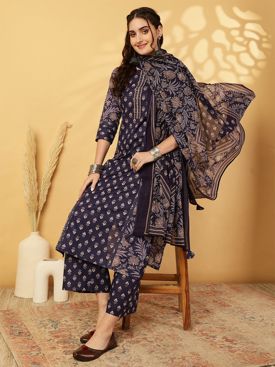 Cotton Calf Length Printed Straight 3/4 Sleeves Round Neck Kurta Bottom Dupatta Set