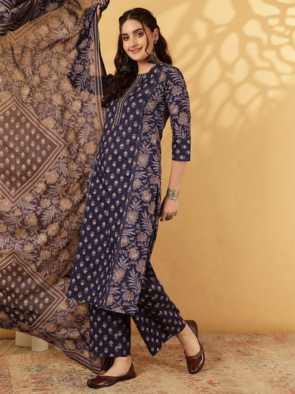 Cotton Calf Length Printed Straight 3/4 Sleeves Round Neck Kurta Bottom Dupatta Set