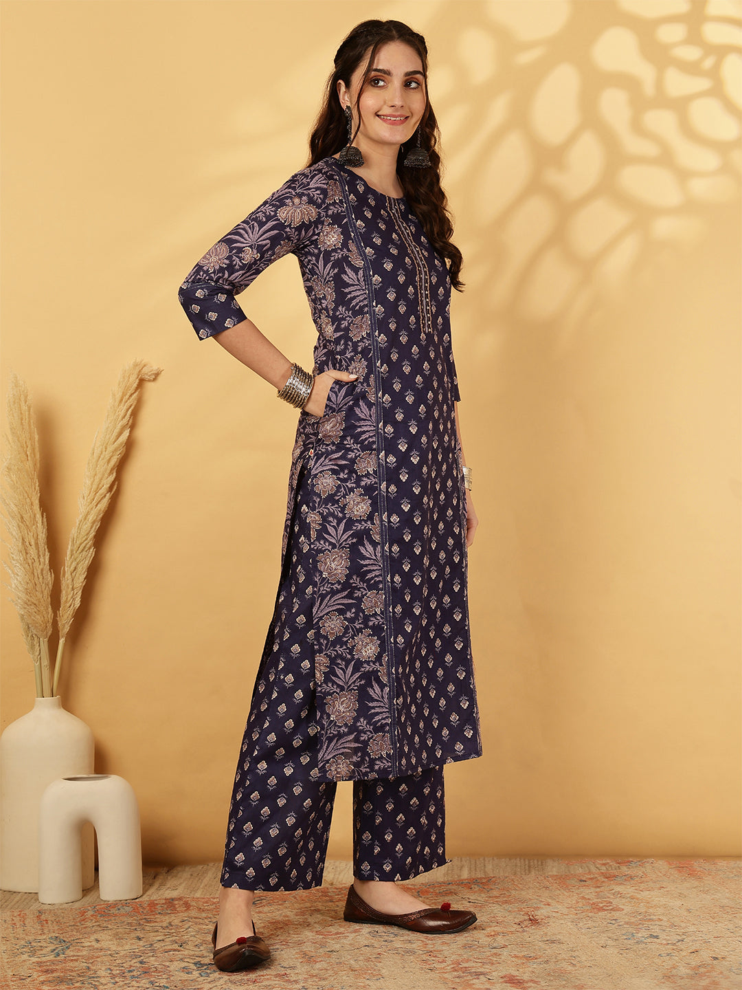 Cotton Calf Length Printed Straight 3/4 Sleeves Round Neck Kurta Bottom Dupatta Set