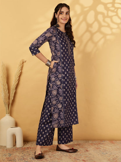 Cotton Calf Length Printed Straight 3/4 Sleeves Round Neck Kurta Bottom Dupatta Set