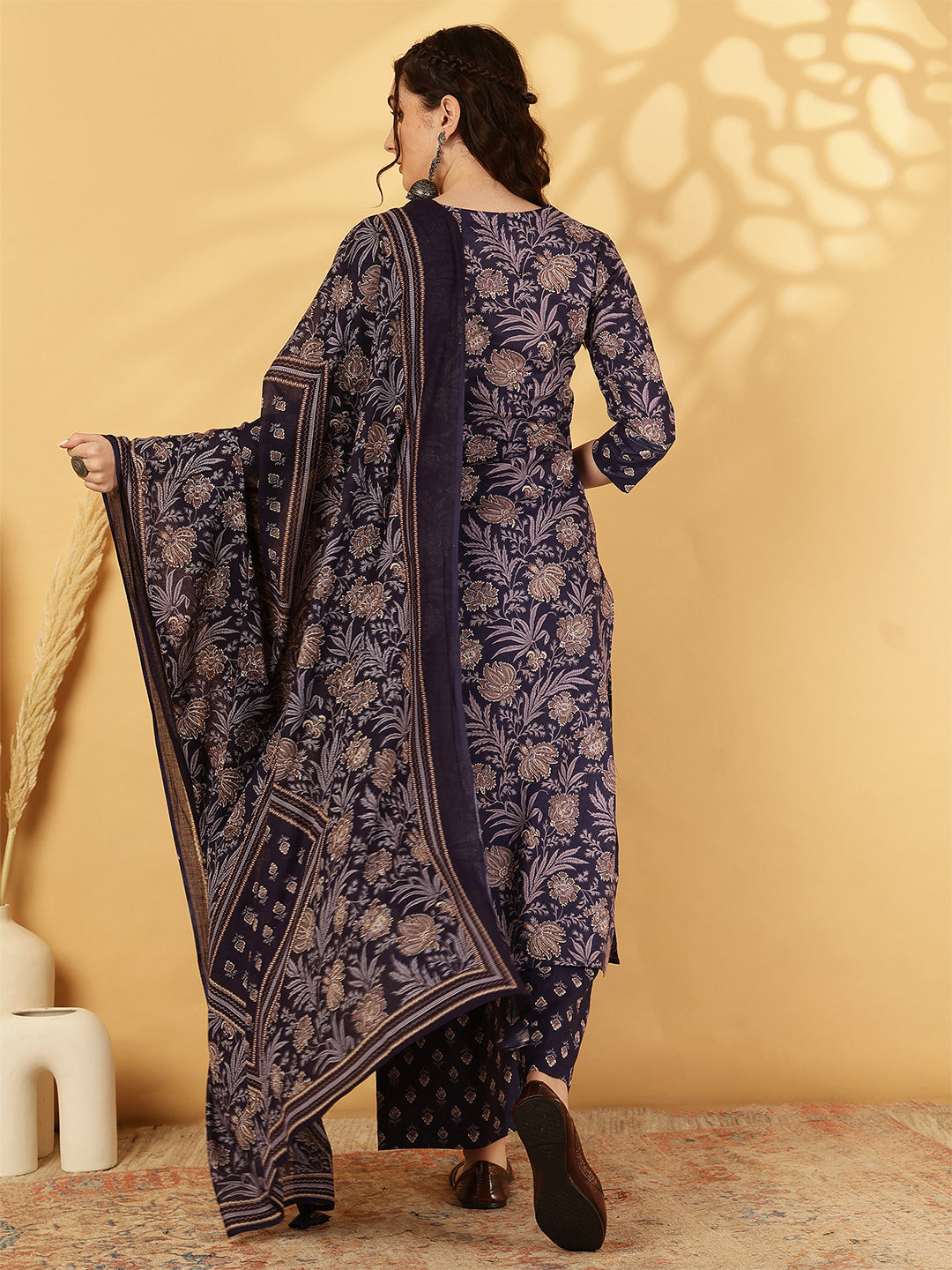 Cotton Calf Length Printed Straight 3/4 Sleeves Round Neck Kurta Bottom Dupatta Set