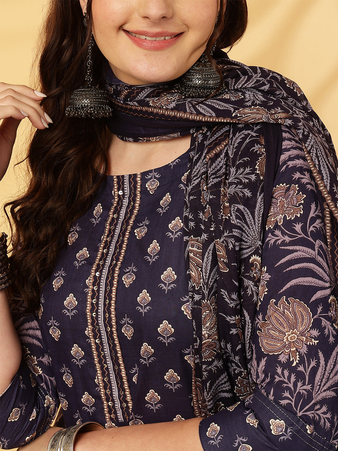 Cotton Calf Length Printed Straight 3/4 Sleeves Round Neck Kurta Bottom Dupatta Set