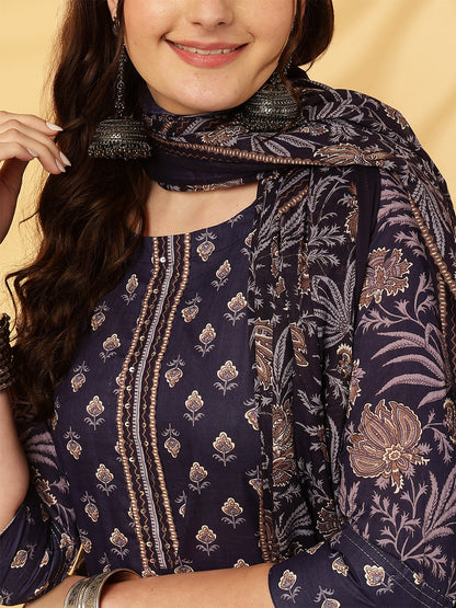 Cotton Calf Length Printed Straight 3/4 Sleeves Round Neck Kurta Bottom Dupatta Set